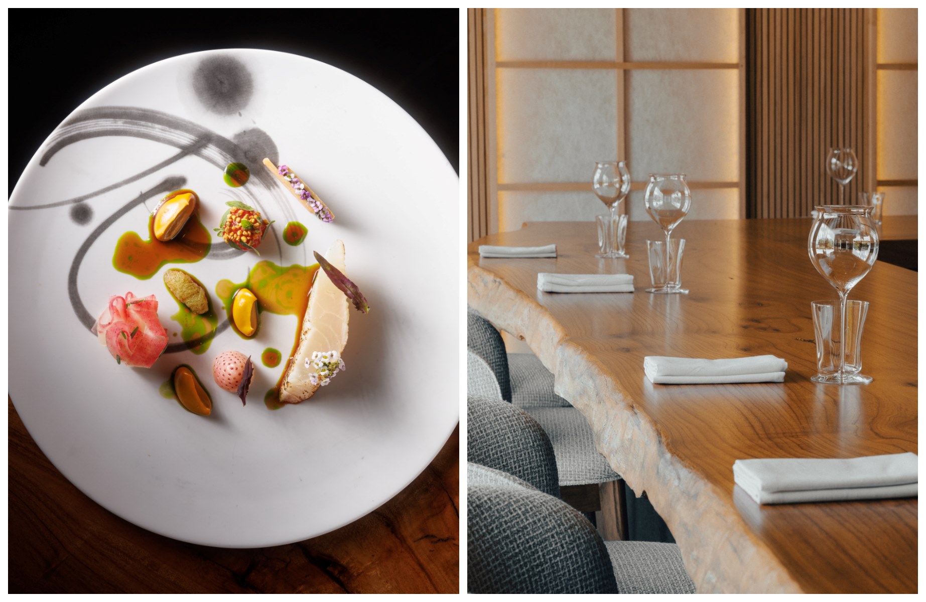 At Sorekara, as diners move through multiple rooms during the tasting menu, one room features the chef’s table, where William Shen’s refined dishes are prepared with meticulous care. © Micah Cox/Sorekara