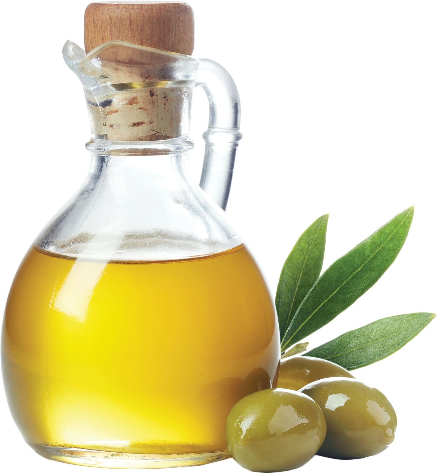 photo of a full olive oil decanter with three olives next to it