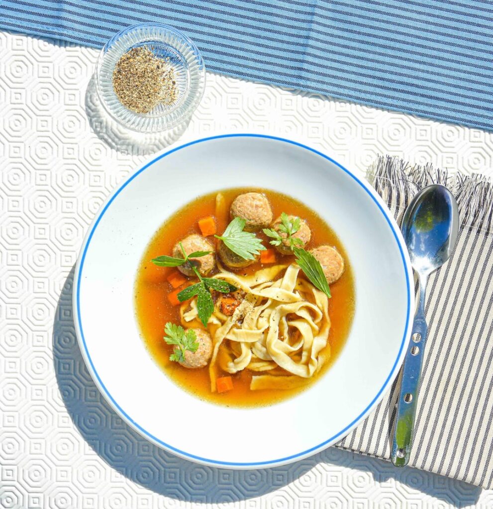 Rosół wołowy - a riff inspired by a Polish Sunday staple, served with meatballs and egg noodles