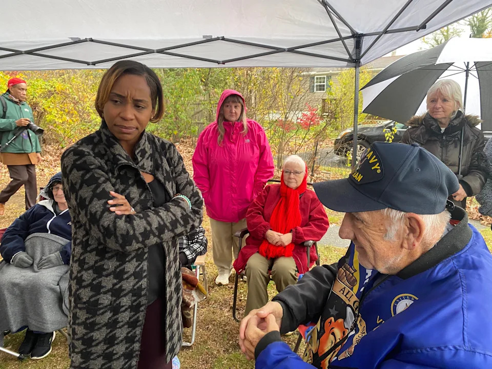 Massachusetts Attorney General Andrea Joy Campbell, left, speaks with residents of Willow Terrace Mobile Home Park in Taunton on Wednesday, Oct. 29, 2025. Campbell's office is suing the park's owner over alleged rent disparities and unfair and retaliatory rent increases.