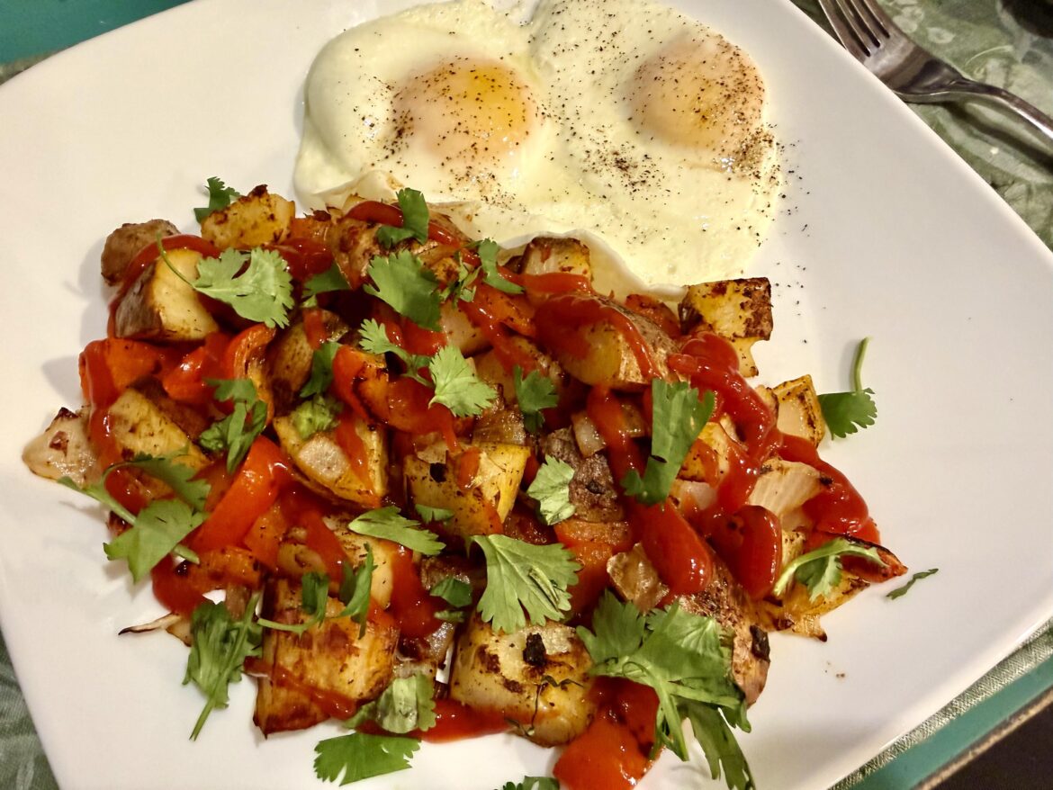 Country style fried potatoes with eggs.