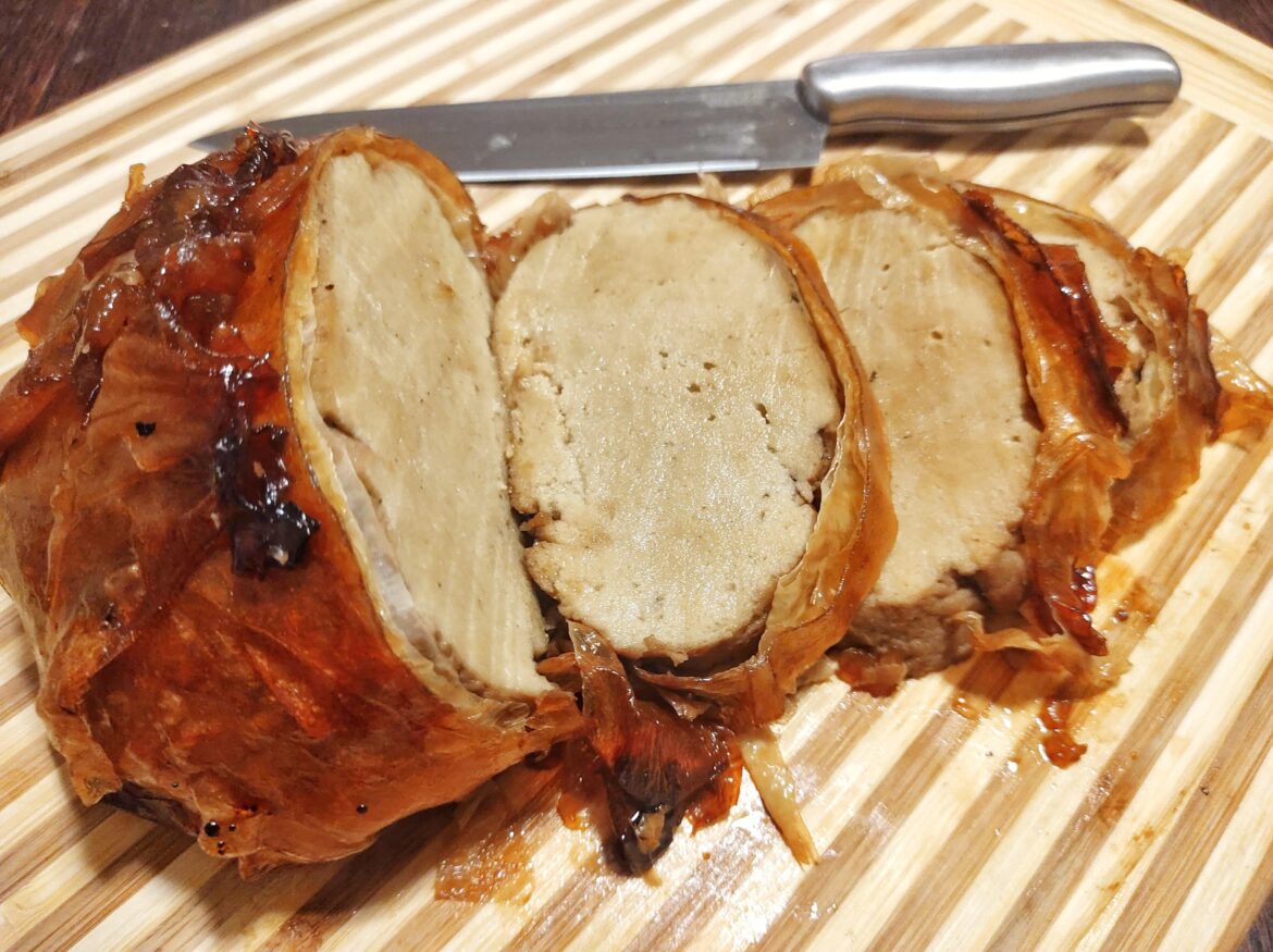 Homemade seitan turkey breast with rice paper skin.