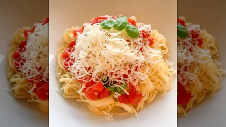Angel hair pasta pomodoro with Parmesan cheese