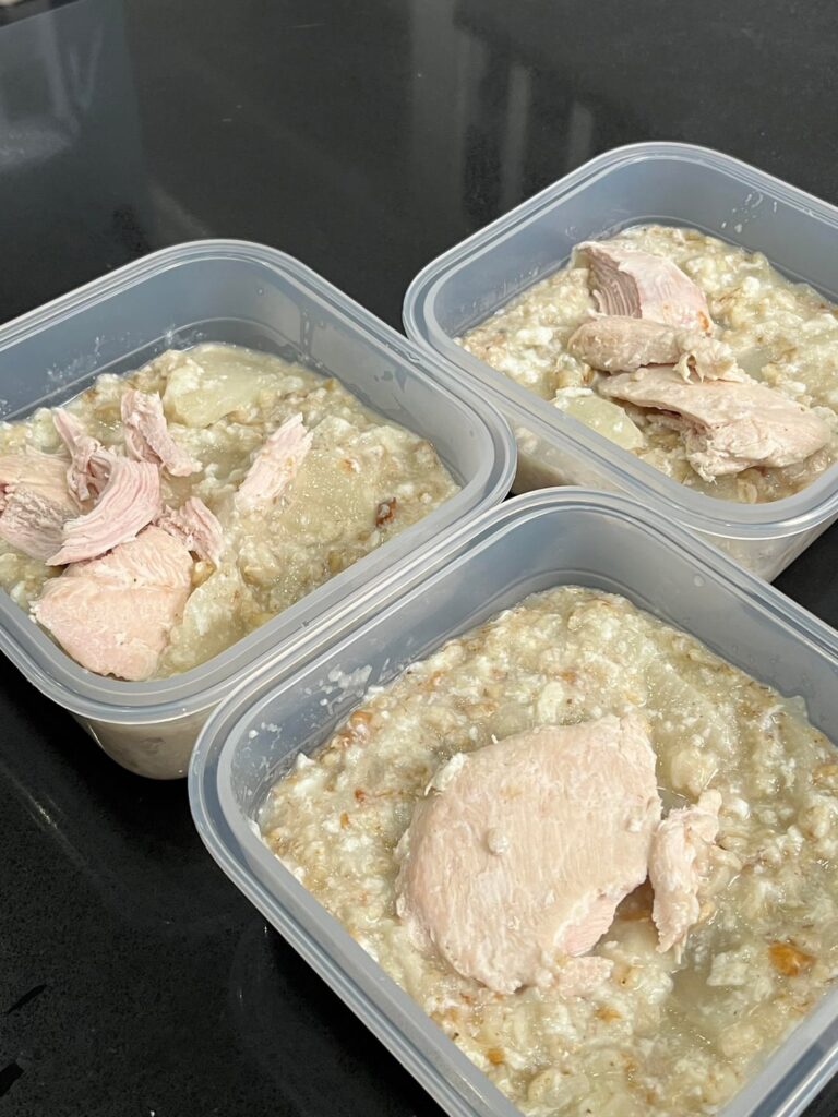 Chicken breast oat congee w beef bone broth 760 cal, 91g protein for 3 portions total