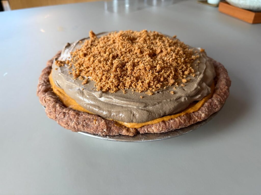 Kabocha Pumpkin Pie with Hojicha Whipped Cream and Graham Cracker Crumble