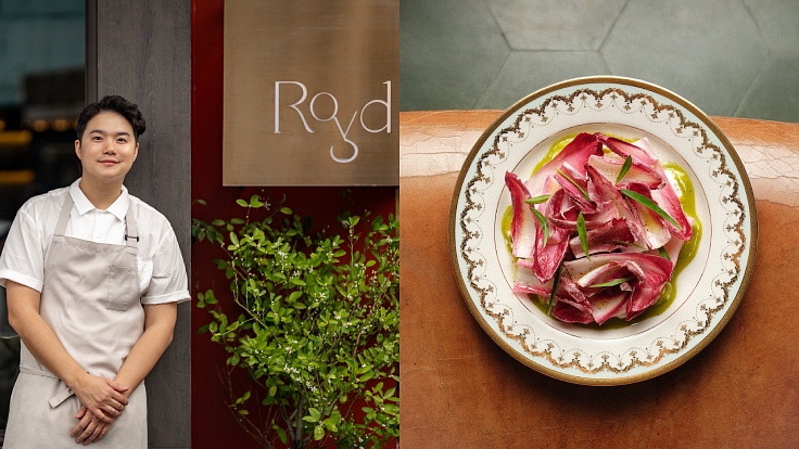 Chef Suwijak “Mond” Kunghae of Royd, and a dish from Margo by Chef Wilfrid Hocquet. (© Songphop Dulphinitphatthana/The MICHELIN Guide Thailand, Nick Hargun/Margo)