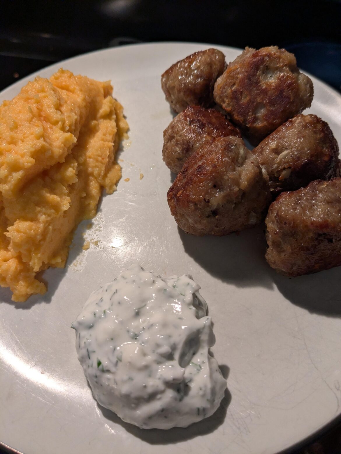Frikadeller with Yogurt Dressing and Mashed Turnip amd Carrots