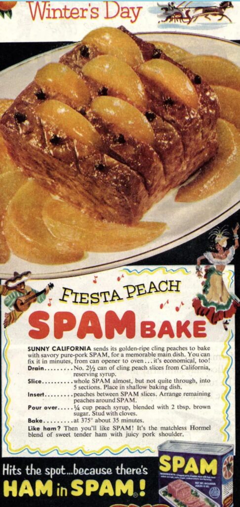 “Winter's Day Fiesta Peach Spam Bake" C 1955.