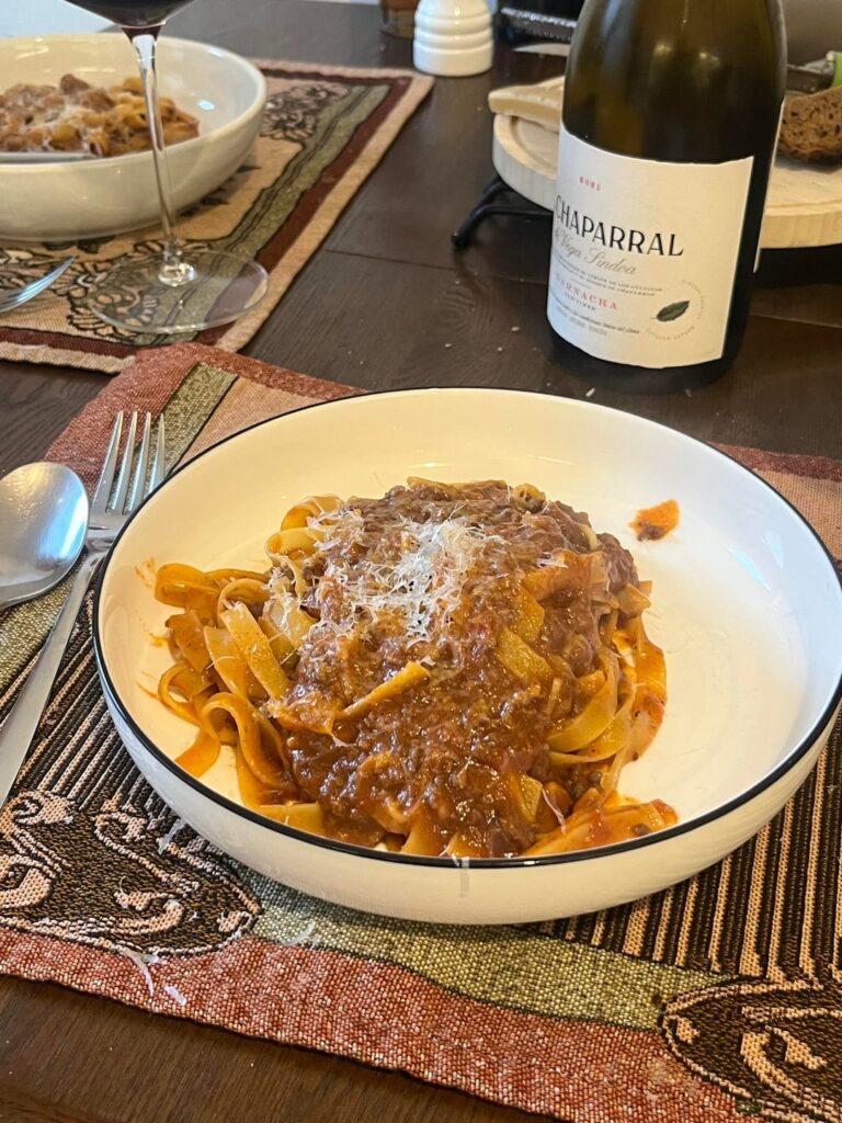 Sunday (partner’s) Bolognese and pomegranate/mascarpone/almond cake