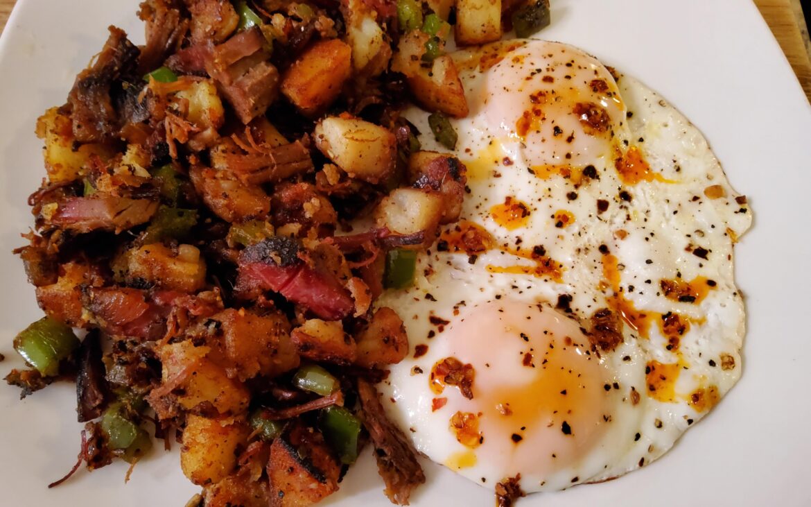 Leftover brisket hash with fried egg