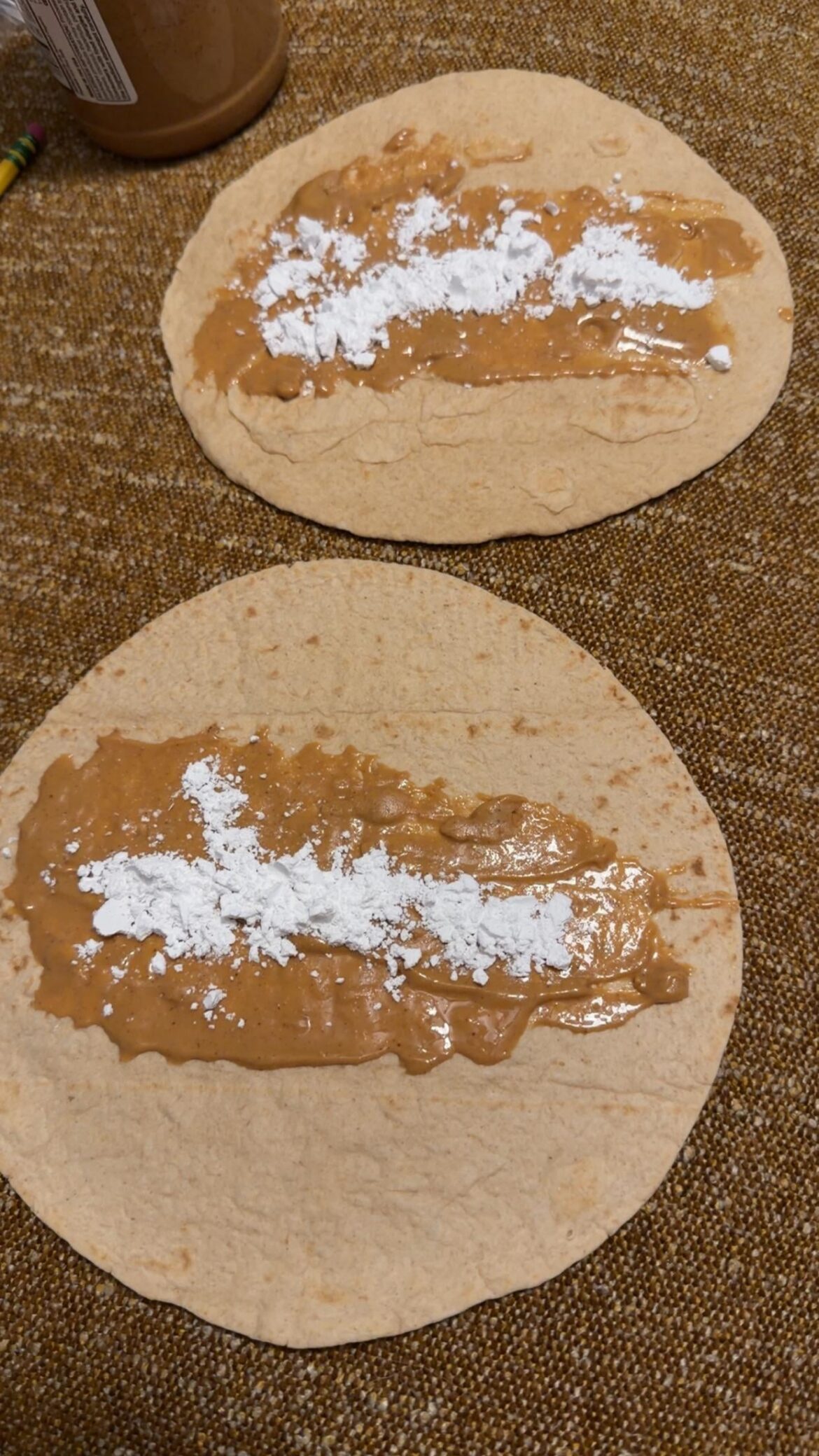 high fiber tortillas, peanut butter, creatine