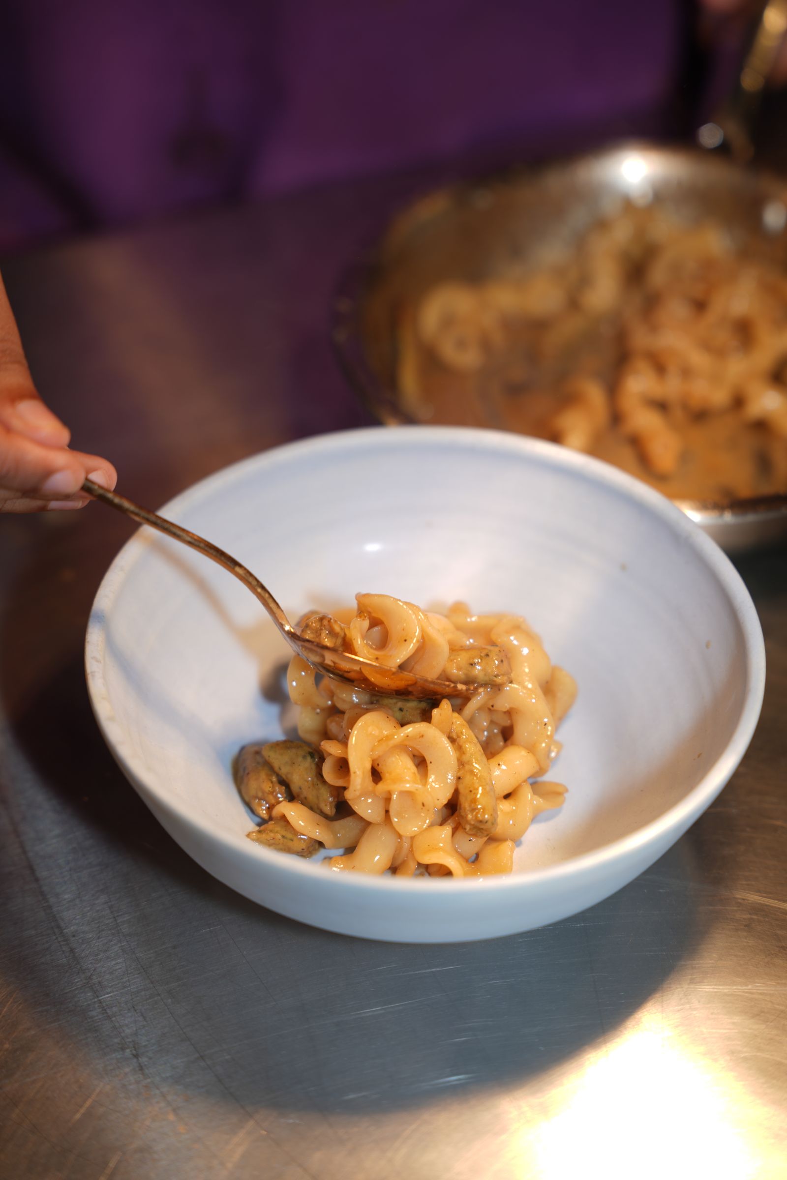 Chicken sausage roast bone jus and Tomme cheese pasta