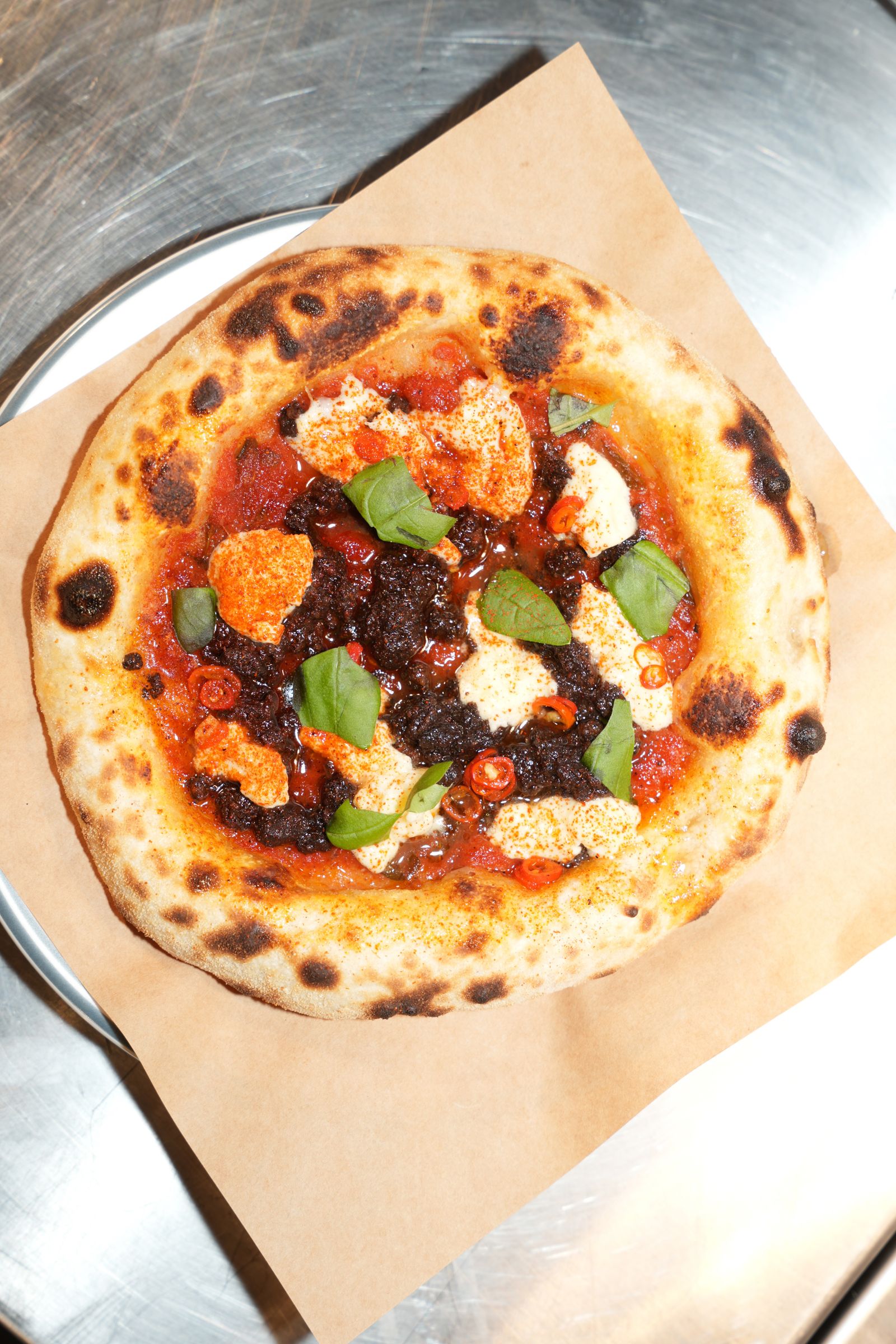 Blood sausage jaiur pickled chilli burrata pizza