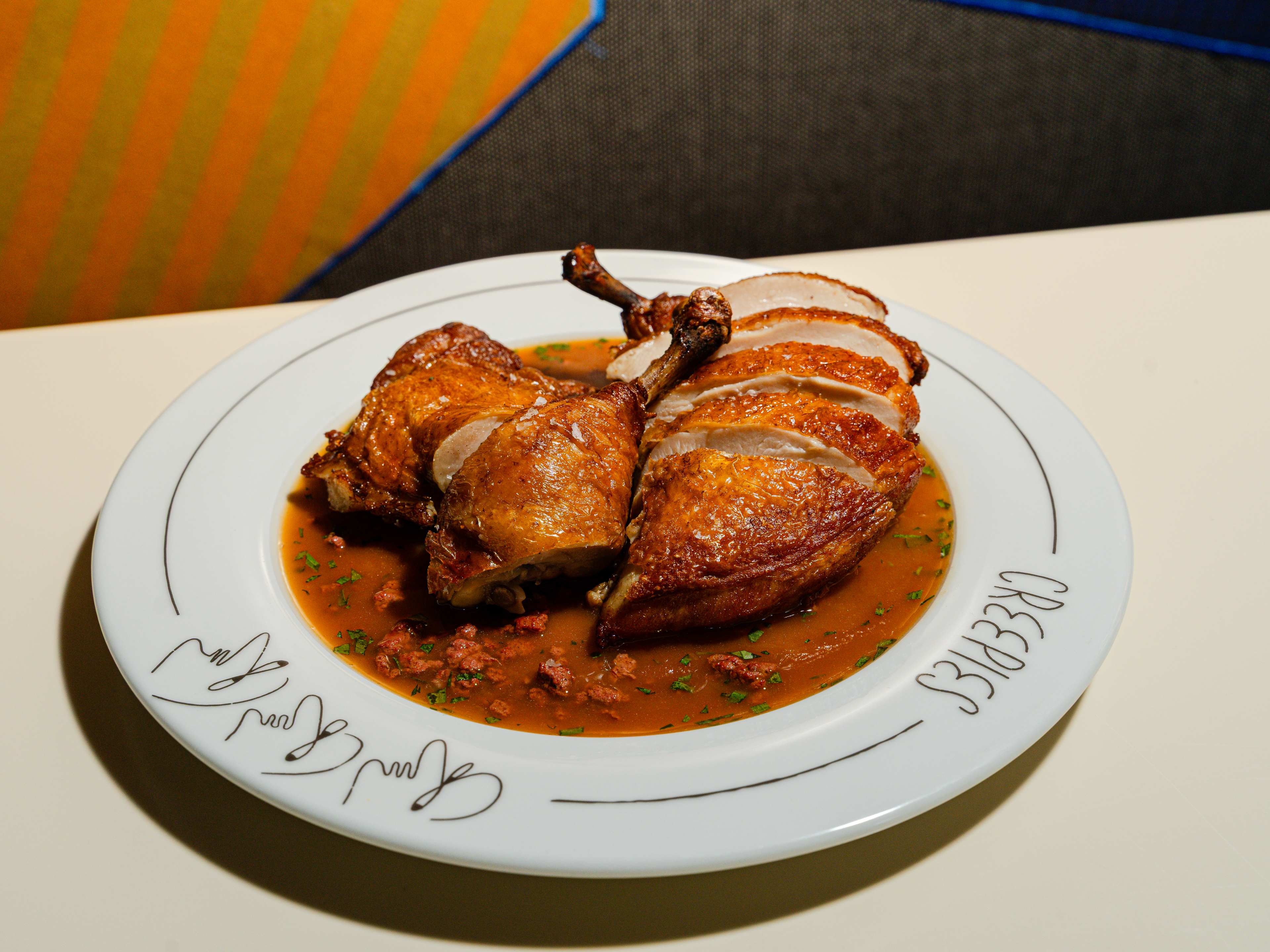 A plate of roast chicken.