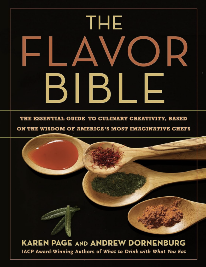 A black book cover showing wooden spoons full of spices and sauces, with the title The Flavor Bible.