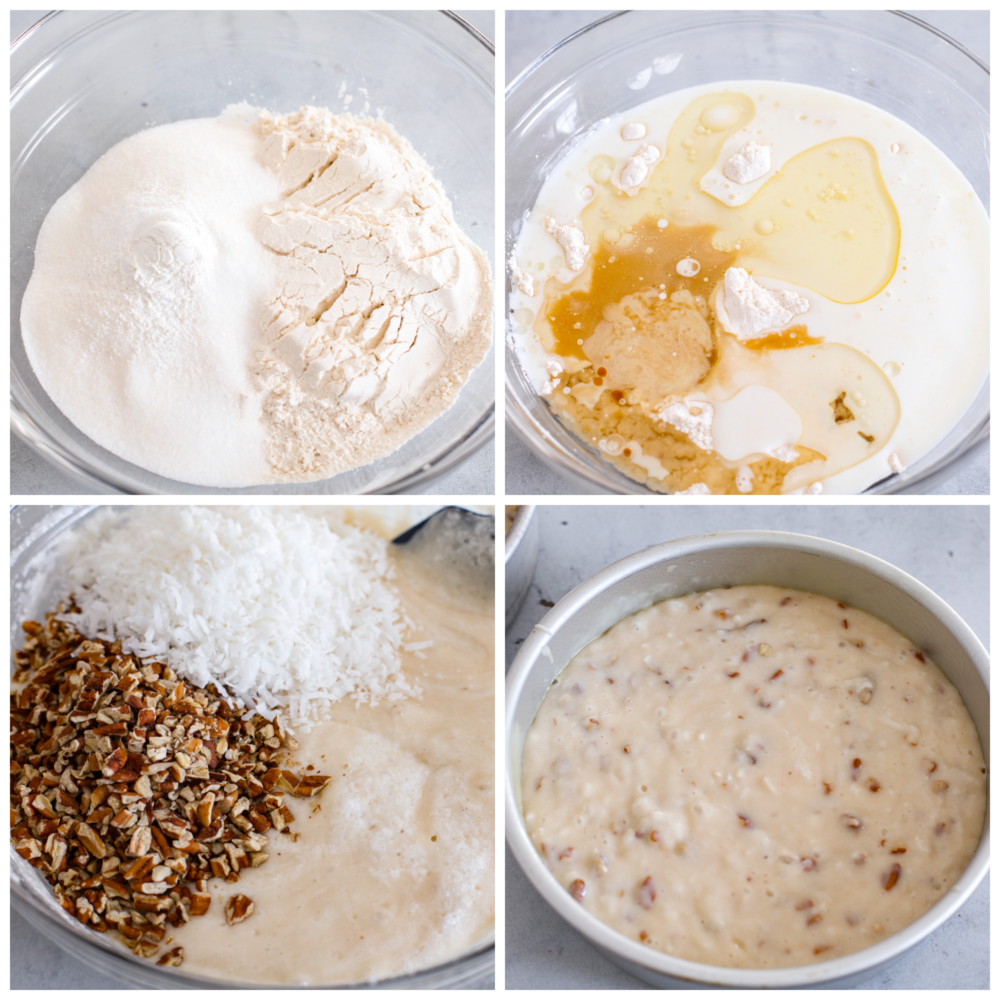 Take a bite of heaven with every forkful of this dreamy Italian cream cake. It's rich and nutty, covered with the most amazing cream cheese frosting! It's great for special occasions, but really, there's no wrong time to make it! 4-photo collage of the cake batter being prepared.
