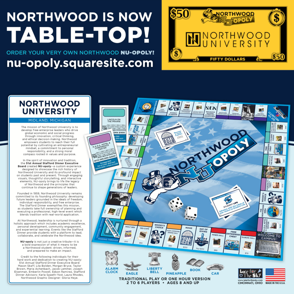 Promotional image for Northwood University-themed Monopoly game, featuring a game board, sample money, and ordering information on a blue background.