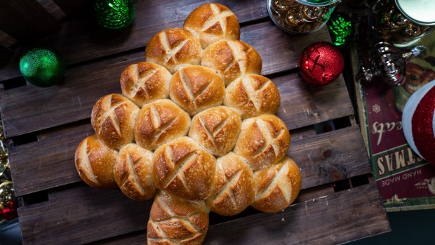 Christmas Tree Bread available at Mortimers Market on the new holiday menu at Disney California Adventure. (Courtesy of Disneyland)