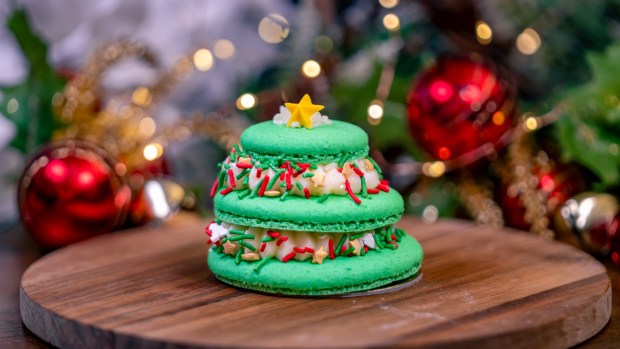 White Mocha-Peppermint Tree-shaped Macaron available at Jolly Holiday Bakery Cafe on the new holiday menu at Disneyland. (Courtesy of Disneyland)