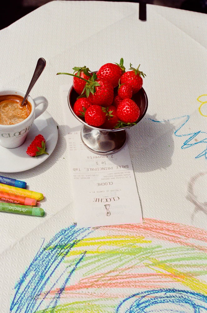 Strawberry and coffee at brasserie Cloche in Les Halles, Paris.