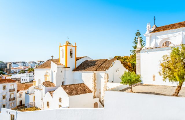 White houses at Tavira old town in Algarve, Portugal.