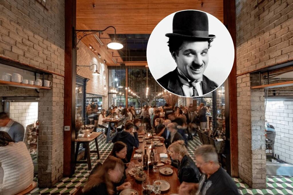 Interior of Republique restaurant in Los Angeles / Portrait of Charlie Chaplin.