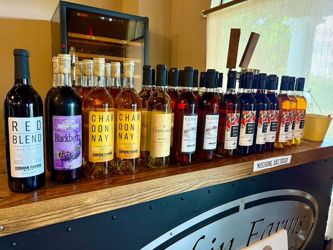 7 Beloved BHAM Restaurants We'll Miss - 2 A row of various wine bottles is displayed on a wooden counter, reminiscent of selections found at top Birmingham restaurants, featuring different labels and types, including red, blackberry, and chardonnay wines from Corbin Farms Winery.