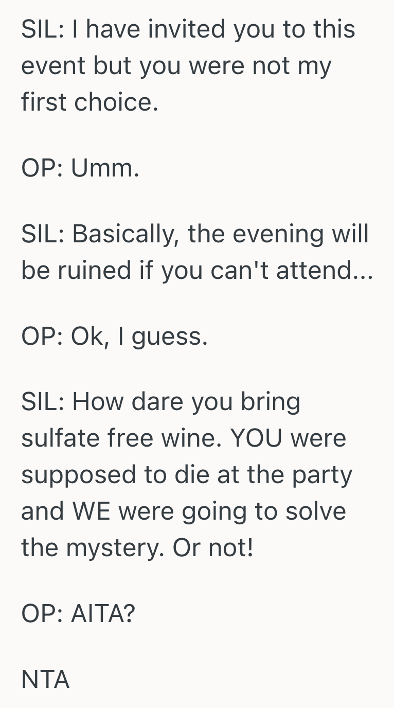 Screenshot 2025 10 14 at 12.42.29 PM House Guest Brought Her Own Wine To A Family Party To Avoid Triggering Her Food Allergies, So Her Sister In Law Accused Her Of Insulting Her As A Host