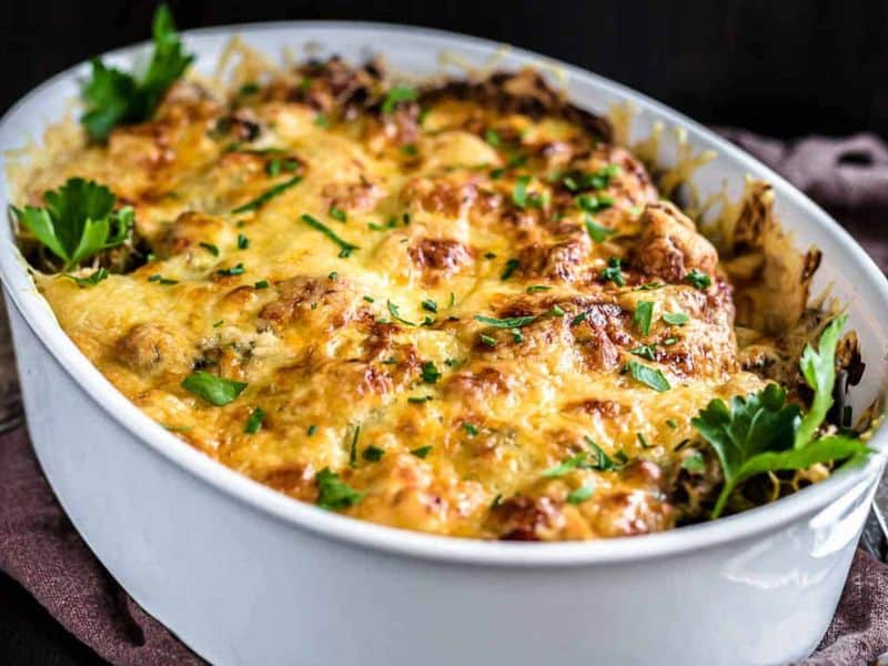 Beef Stew Goulash inside white casserole.