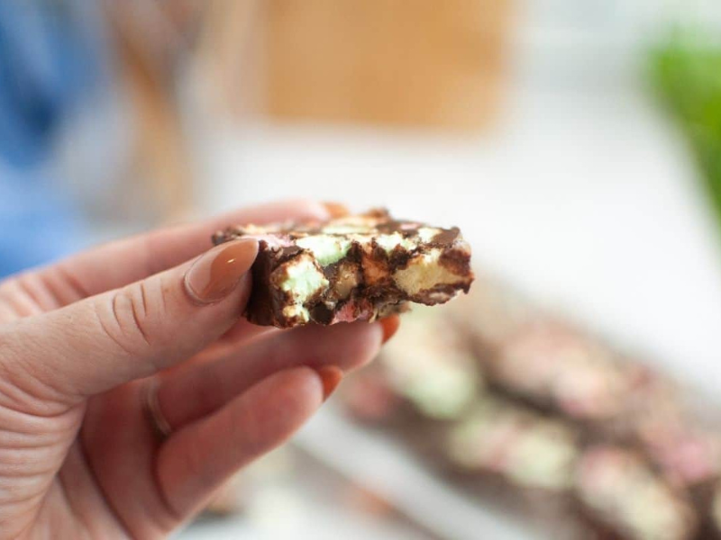 A hand holds a piece of chocolate dessert with visible nuts and pastel-colored marshmallows.