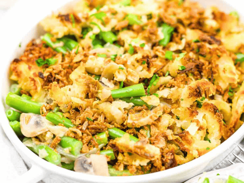 Gluten Free Green Bean Casserole in a white bowl.