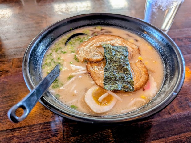 The shoyu ramen at Mizuumi Ramen & Sushi, located at 4225 W. Colfax Ave., Denver. The noodle bowl has pork chashu, egg, fish cake and assorted vegetables. (Miguel Otarola/The Denver Post)