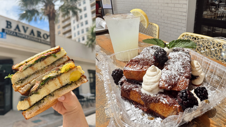 A split image featuring two food shots. On the left, a hand holds a toasted sandwich layered with egg, pesto, and tomatoes, set against a blurred background of a building with a "BAVARO" sign and palm trees. On the right, a clear plastic container sits on an outdoor wooden table, filled with thick French toast topped with powdered sugar, blackberries, whipped cream, and mint, accompanied by a cold drink garnished with a lemon wedge.