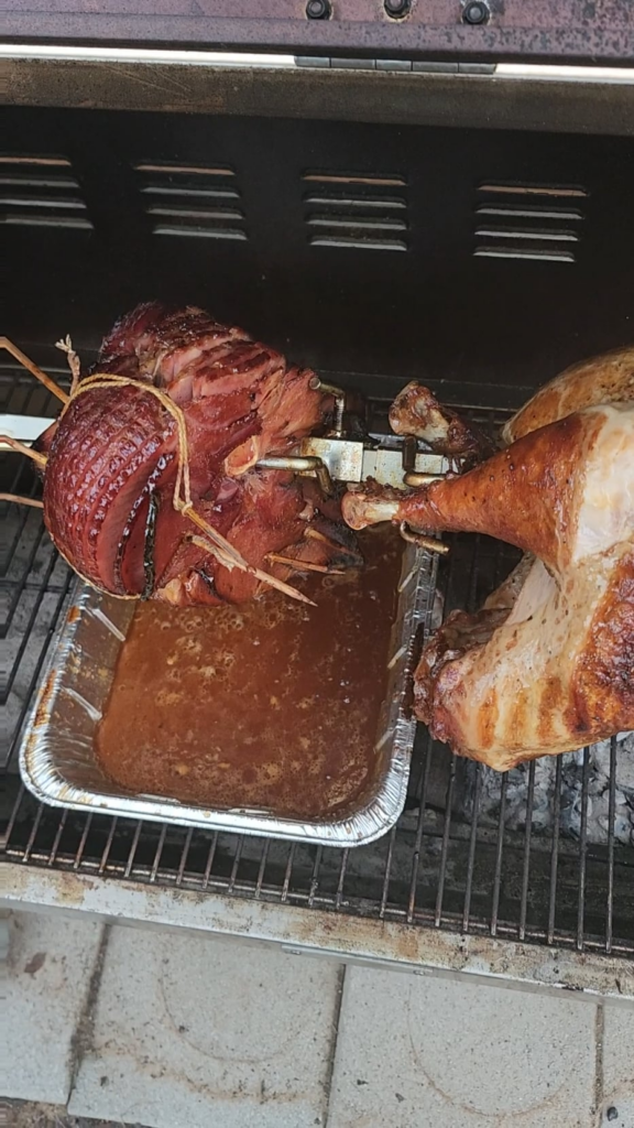 charcoal rotisserie, fireball glazed ham and turkey charcoal rotisserie, fireball glazed ham and turkey