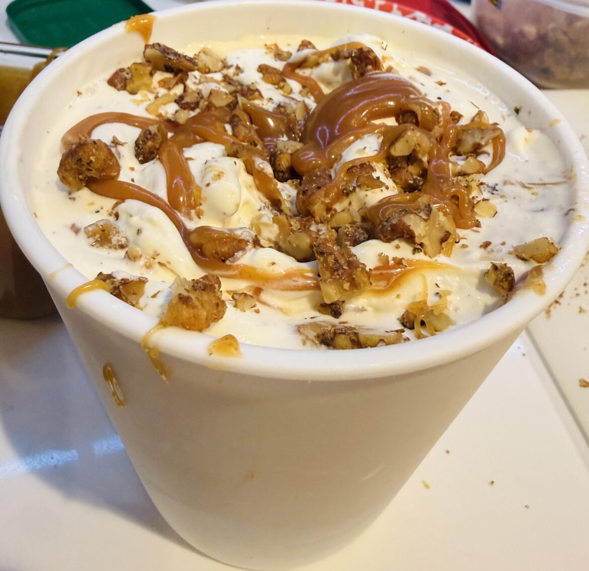 🍁 my Fall Into Your Mouth flavor! Vanilla kissed ice cream with swirls of Apple Cider caramel and Sage Candied Walnuts. Recipe in comments. 🍁