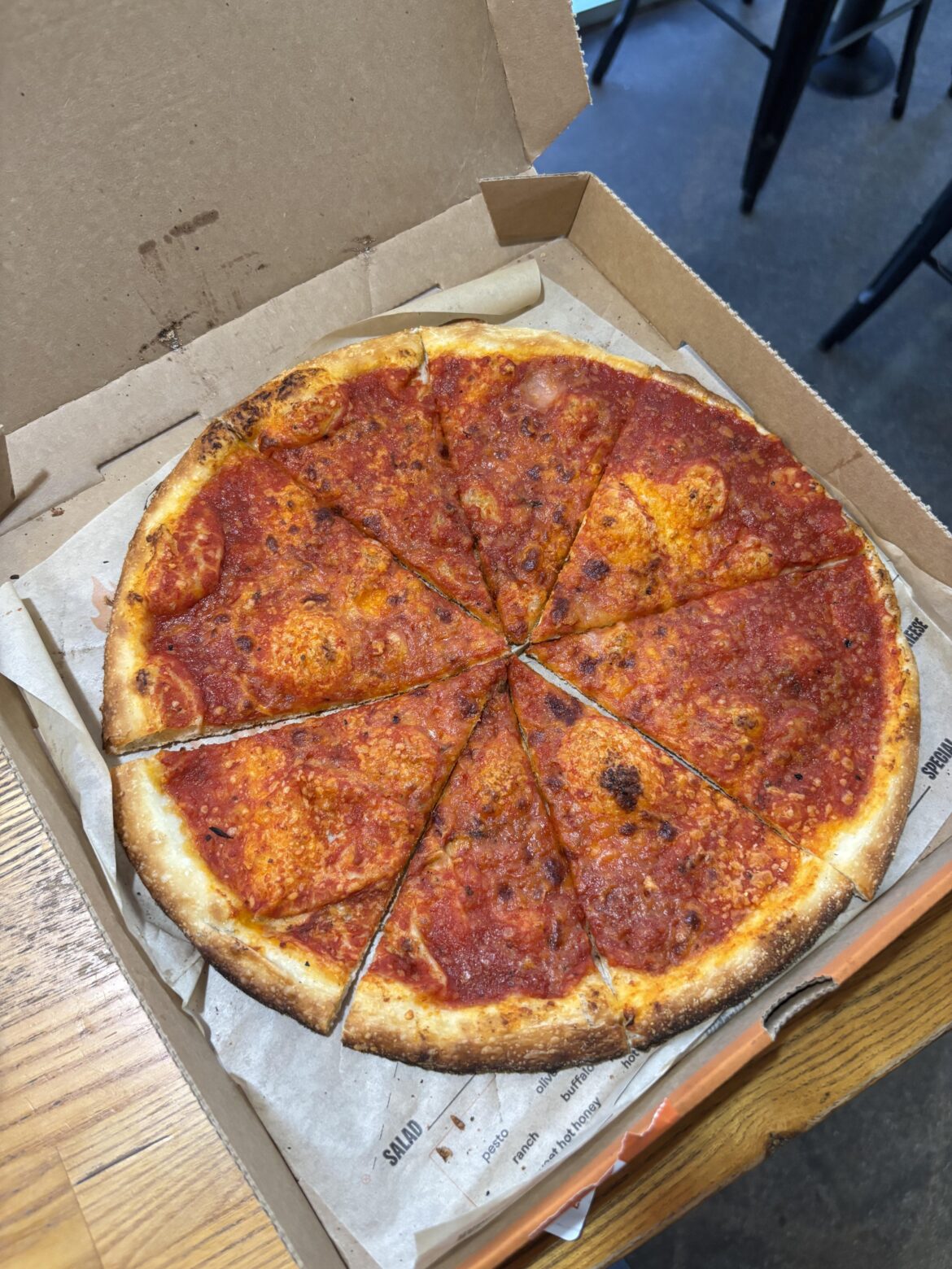 Online calculator said my 11" Blaze BYO pizza would be 6 slices at 80 calories each (480 total). It actually came cut into 8 slices. With 320 calories left for the day, should I assume the whole pizza is still 480 and eat 2/3 of it, or assume each of the 8 slices is 80 calories?
