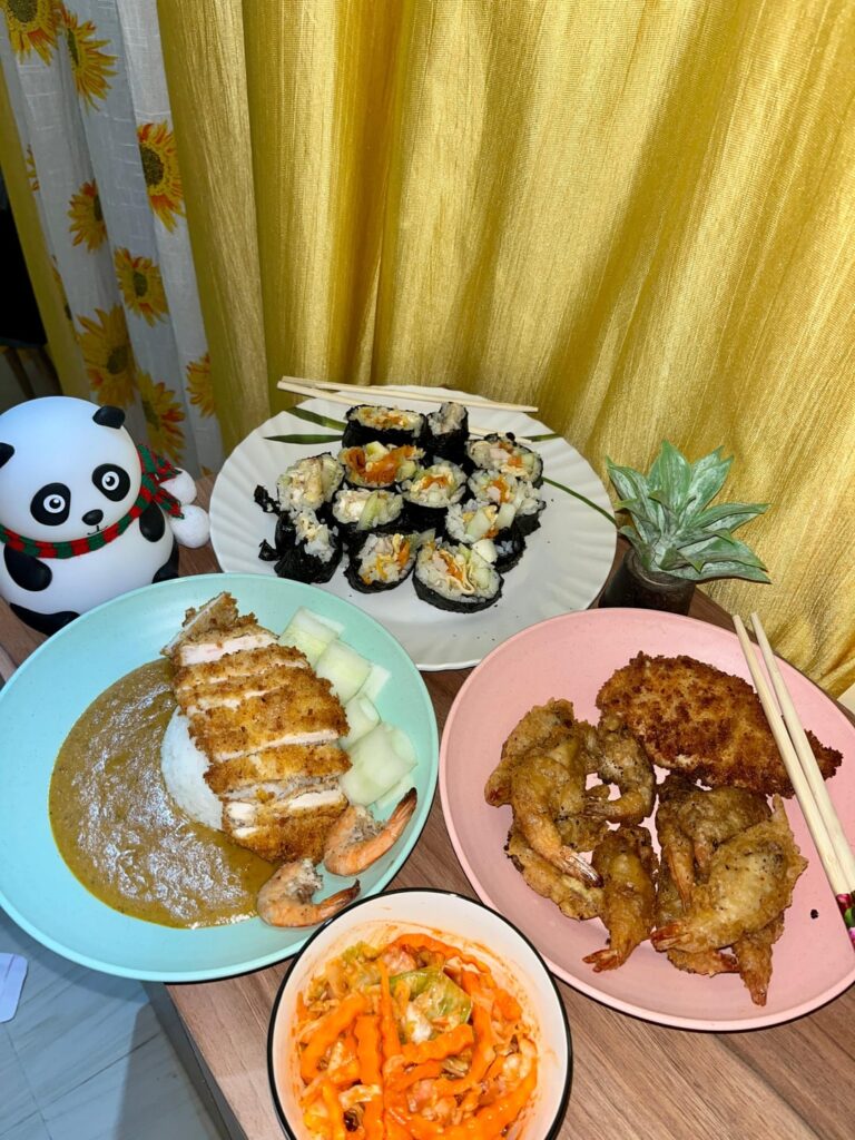 My wife made fresh Kimchi and Chicken Kimbap — plus Japanese Chicken Katsu and Shrimp Tempura! (We’re from India 🇮🇳)