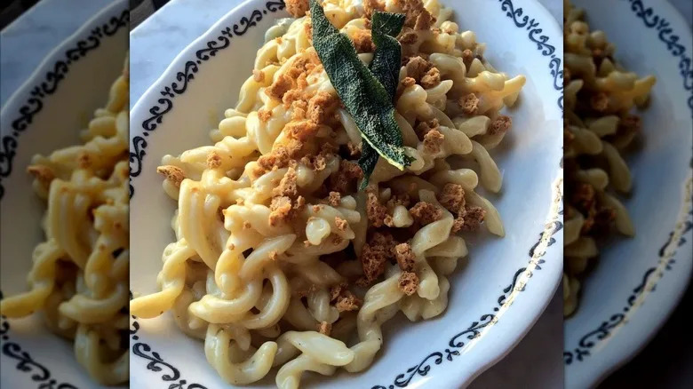 White creamy pasta topped with crumbs