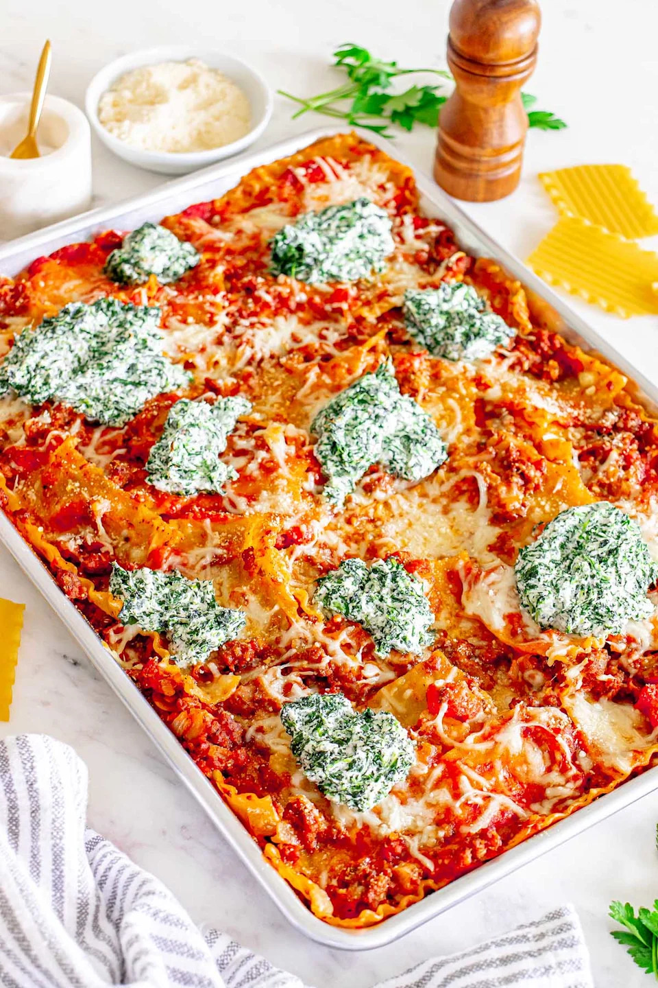 A close up shot sheet pan lasagna.