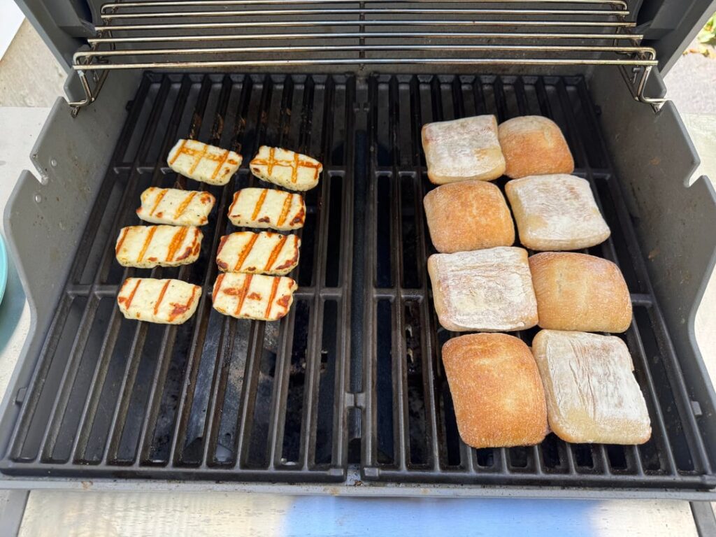 Grilled halloumi on ciabatta with lettuce and tomato