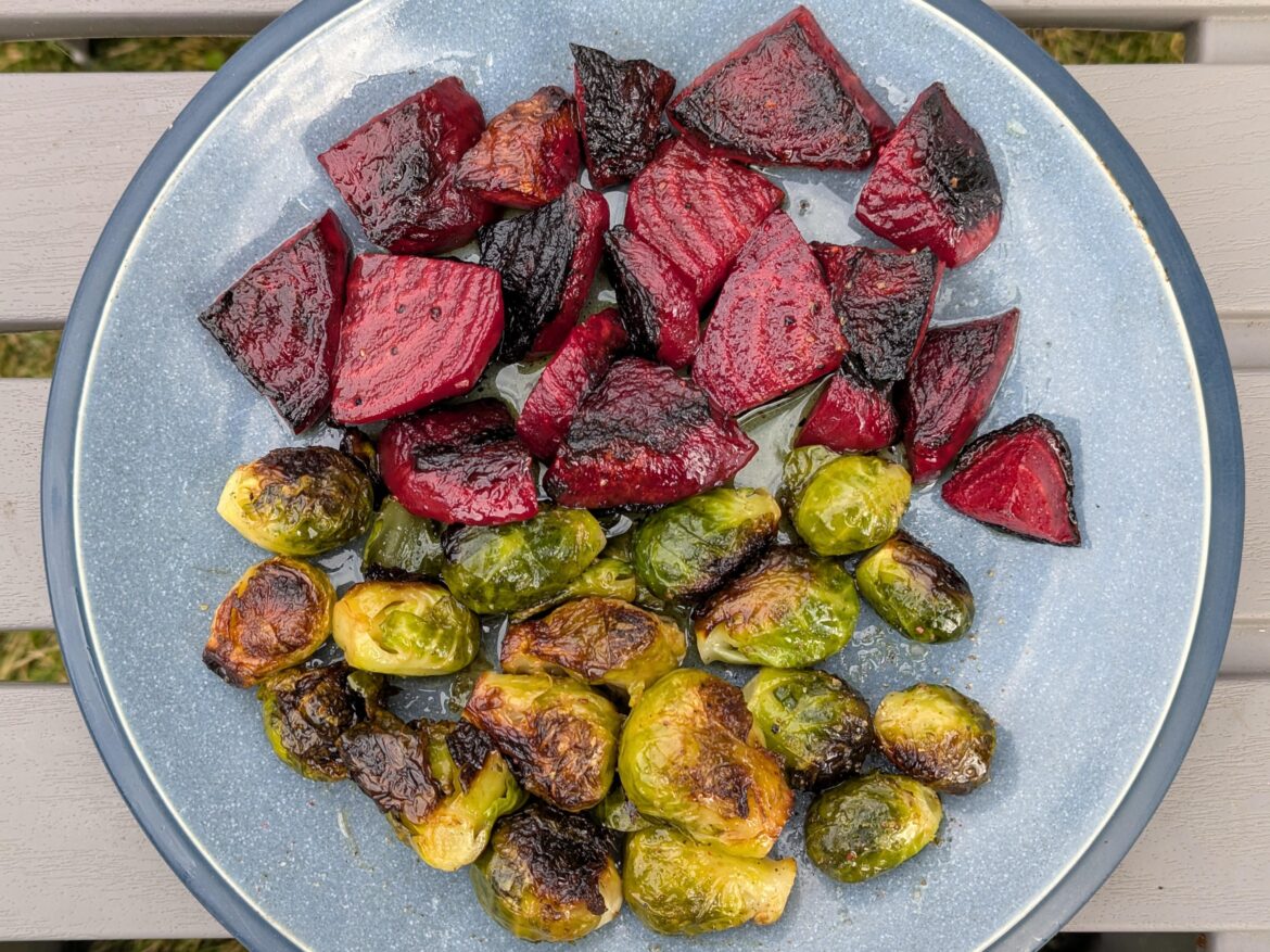 Roasted Bull's Blood heirloom beets & Brussels sprouts [OC]