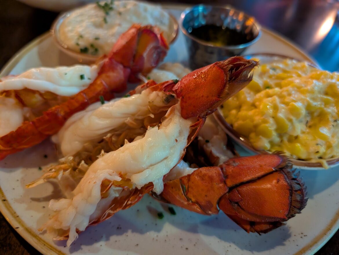 Butter Poached Lobster Tails with Creamed Corn and Whipped Potatoes..