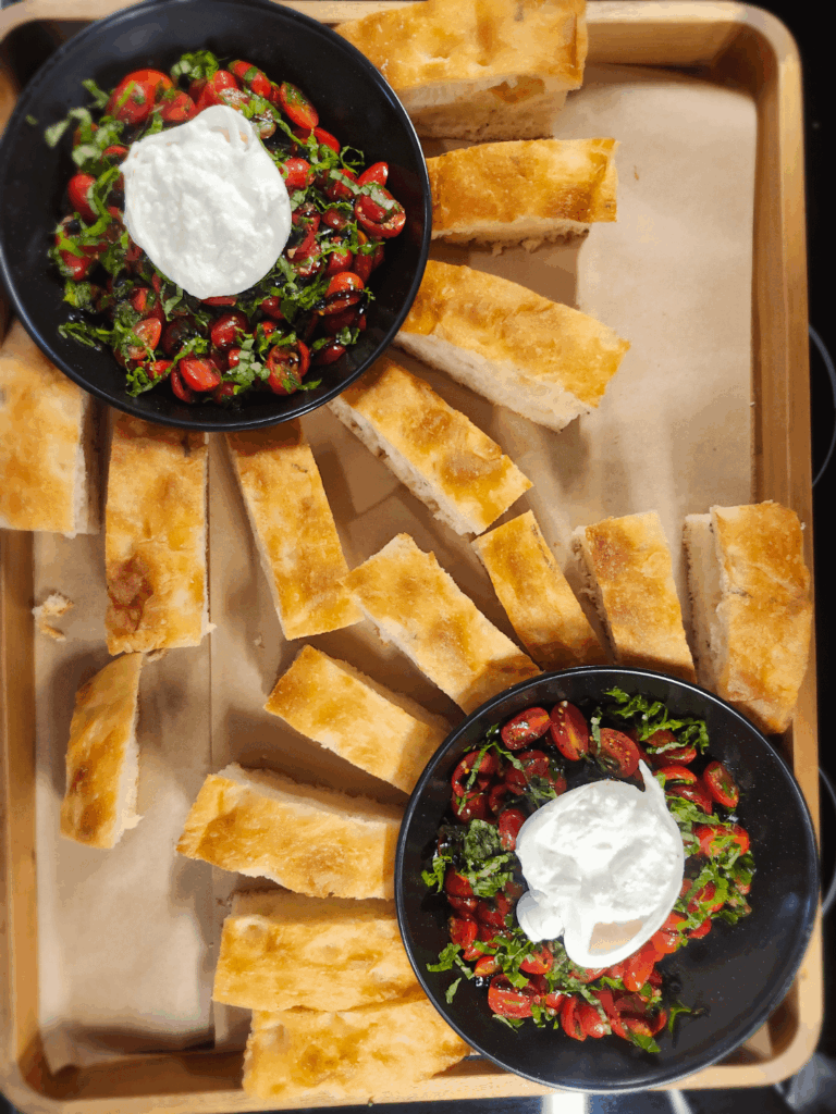 Rosemary focaccia, bruchetta and burratta