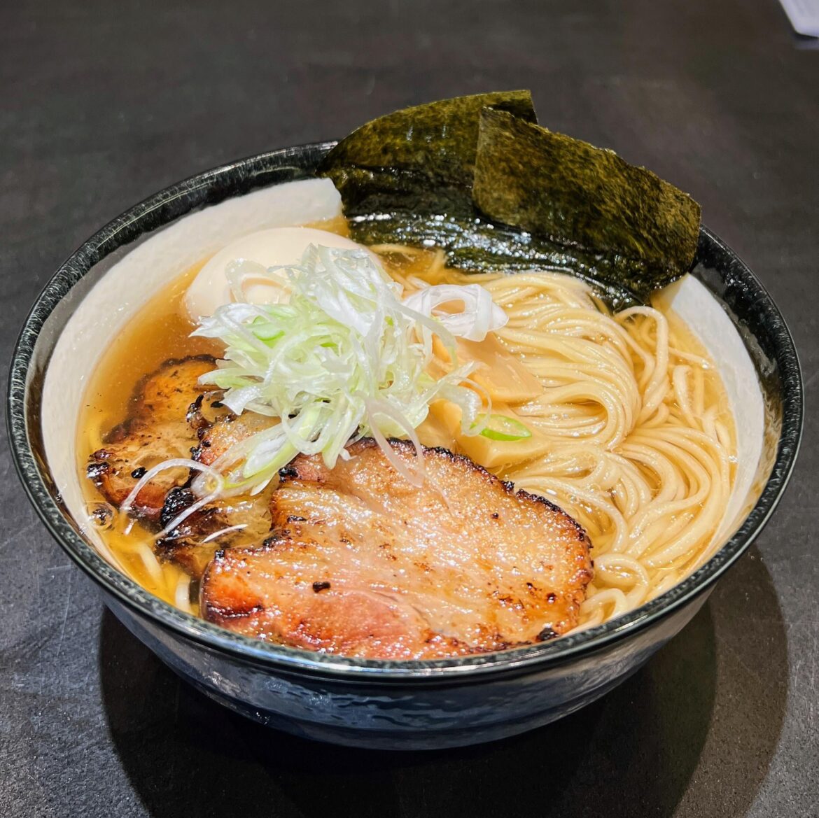 Niboshi ramen, semolina/bread flour noodles, toasted shoyu tare, chashu, ajitama, niboshi lard, menma, negi, nori