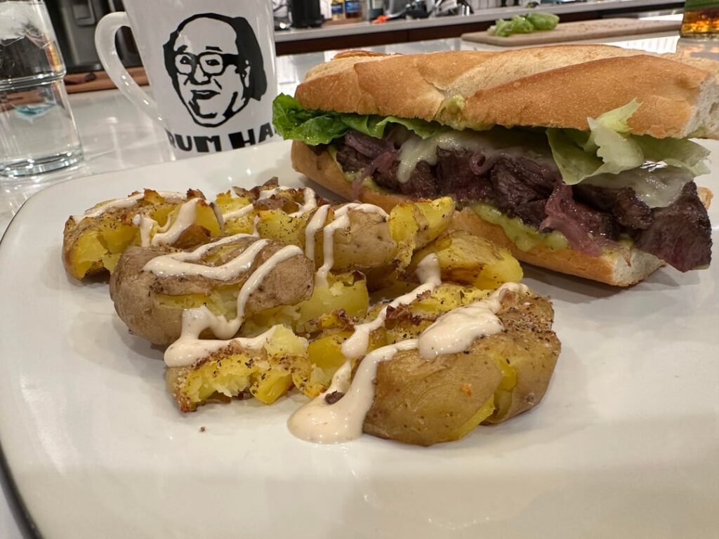 Flank steak on a baguette