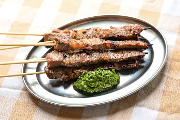 Sicilian lamb skewers are three bucks a stick. 