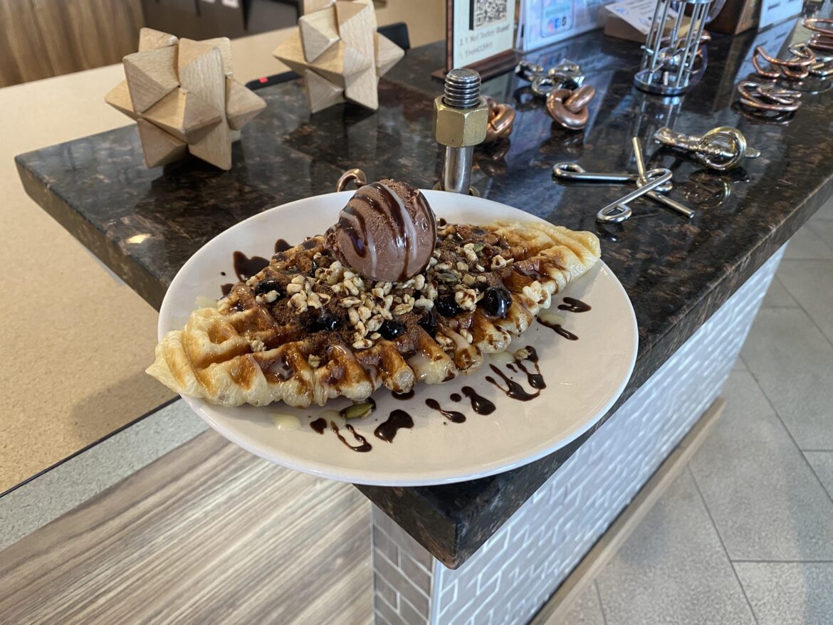 Chocolate croffle, come with Granola mix, crumb, and Ice cream