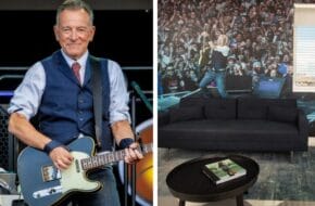 Bruce Springsteen performing next to a photo of the Boss Suite at the Asbury Hotel in Asbury Park, New Jersey