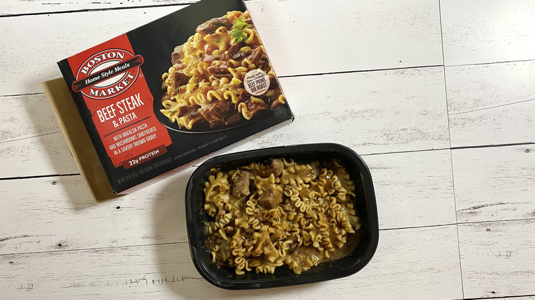 The box and tray of Boston Market Beef Steak & Pasta
