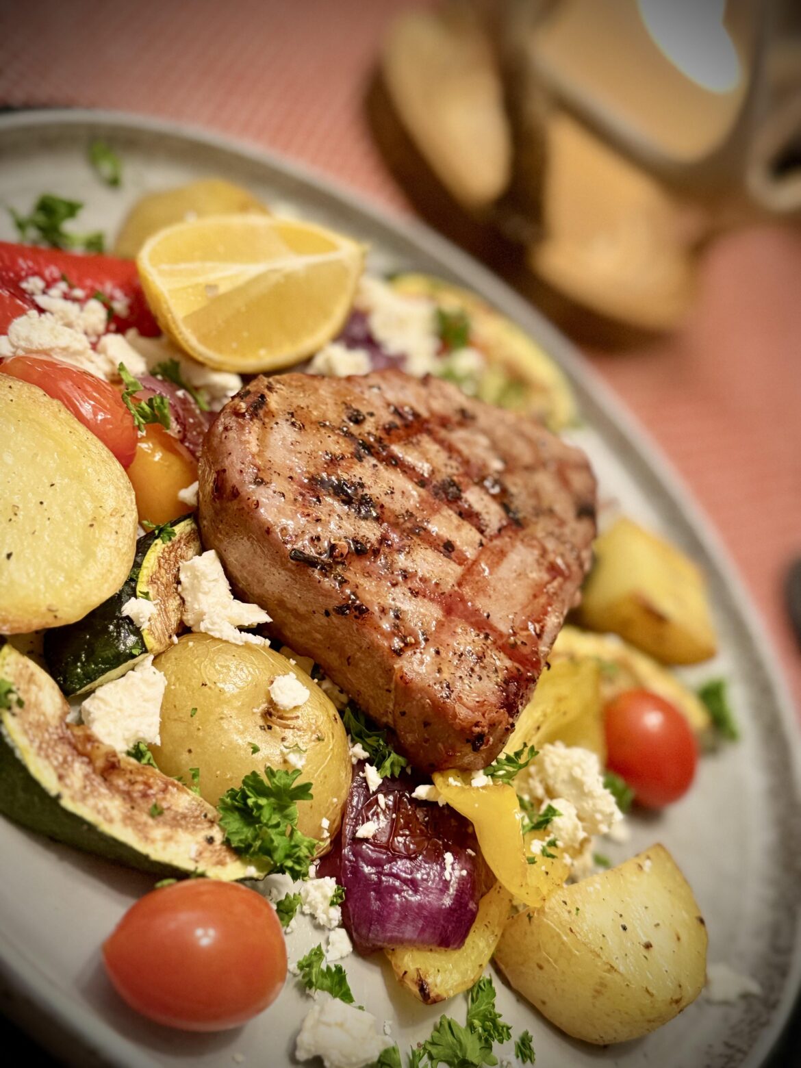 Tuna Steak & Olive Oil Roasted Veggies/Potatoes - 575 Calories